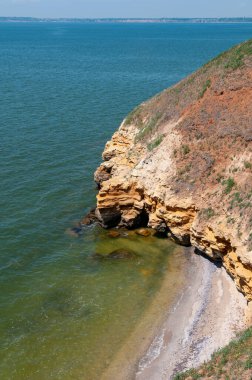 Ukrayna 'nın Berezan adasında yaban bozkır bitkileriyle kaplı dik kayalık ve kabuklu kaya kıyıları.
