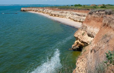 Ukrayna 'nın Berezan adasında yaban bozkır bitkileriyle kaplı dik kayalık ve kabuklu kaya kıyıları.