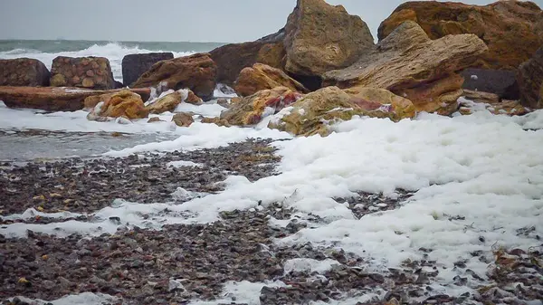 Eutrophication and pollution of the sea, waves with dirty foam roll ashore during a storm, Black Sea