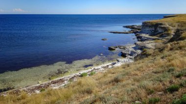 Tarkhankut Yarımadası 'ndaki Rocky plajı, Batı Kırım' daki kuru bozkır.