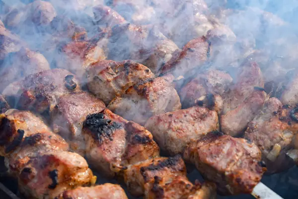 Pork meat is fried on smoking coals in the grill