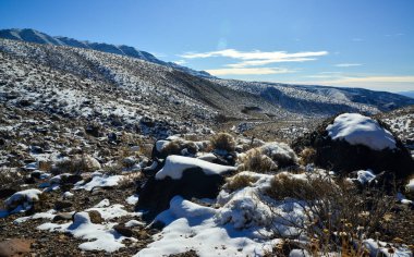 Dağlarda kar, karla kaplı dağ geçidi, yazın karın altında çöl bitkileri. Ölüm Vadisi Ulusal Parkı, Kaliforniya
