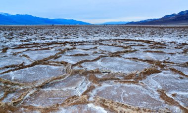 Death Valley Ulusal Parkı, Tuzlu Kil, Kaliforniya. Çatlamış ve şişmiş tuzlu düz tuz vadisi, ölü tuz manzarası