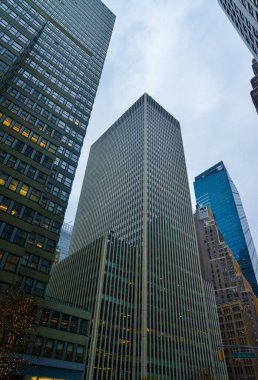 New York, Manhattan, ABD - 04 Aralık 2019: Manhattan sokaklarında New York, Manhattan ABD 'deki gökdelenler arasında taş orman