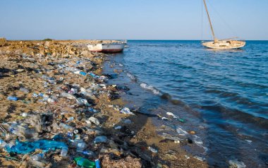 EGYPT, MARSA ALAM - NOVEMBER 01, 2007: Kızıldeniz 'in Çevresi, Mısır' ın Marsa Alam tatil köylerinden uzakta sahildeki çöp dağları