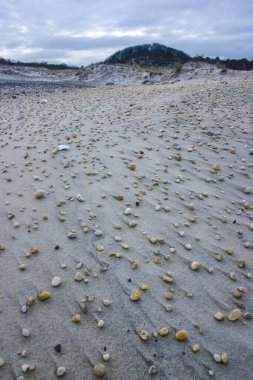 New Jersey, ABD 'de okyanus kıyısındaki güçlü bir rüzgarın ardından kumdaki küçük çakıl taşları.