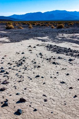 Kuru sarı kil güneşte çatladı Kaliforniya çölünde kumla, Ölüm Vadisi Ulusal Parkı, Kaliforniya
