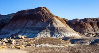 Petrified Forest Ulusal Parkı, Mavi Mesa, AZ 'deki eşsiz mavi renkli çorak arazinin çarpıcı manzarası.