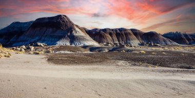 Petrified Forest Ulusal Parkı, Mavi Mesa, AZ 'deki eşsiz mavi renkli çorak arazinin çarpıcı manzarası.