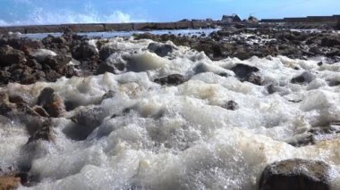 Karadeniz kıyısı - su kirliliği ve ötrofikasyon, Ukrayna 'nın Odessa sahilinde bir fırtına sırasında kıyıya vuran sarı köpük.