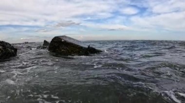 Küçük bir fırtına sırasında, dalgalar midye ve alglerle kaplı taşları yıkar, Karadeniz