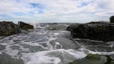 Suda hava kabarcıkları olan dalgalar akın ediyor. Kamera ve taşlar midye ve alglerle kaplanıyor. Karadeniz 'deki Fırtına.