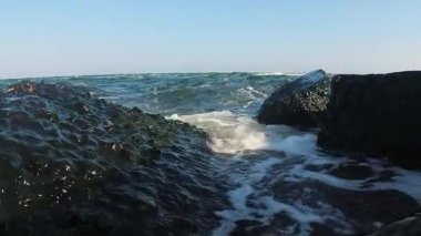 Karadeniz kıyısındaki kırmızı ve yeşil alglerle kaplı kayalar fırtına sırasında dalgalarla yıkanır, Odessa.