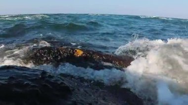Karadeniz 'de kış fırtınası, köpüklü dalgalar kıyı kayalarını, Karadeniz' i silip süpürüyor
