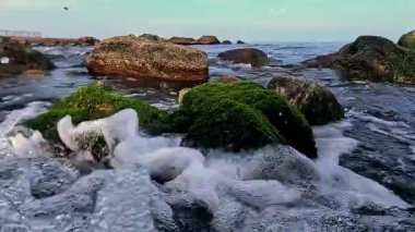 Temiz su, eski bir borudan hızla Karadeniz 'e akar. Su ve hava kabarcıkları kamerayı su basar.