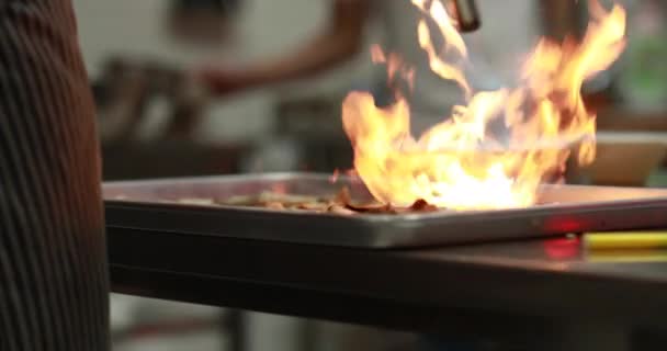 Una Cucina Professionale Dove Fornello Cucina Brucia Cibo Funghi Chef — Video Stock