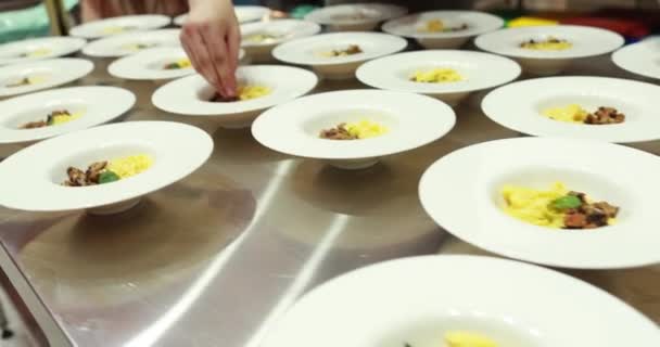 Πιάτα Φαγητού Που Απλώνονται Στην Κουζίνα Του Εστιατορίου Πριν Σερβιριστούν — Αρχείο Βίντεο