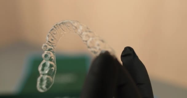 Aligners Hands Doctor Rubber Gloves Hold Modern Tools Teeth Correction — Stock video