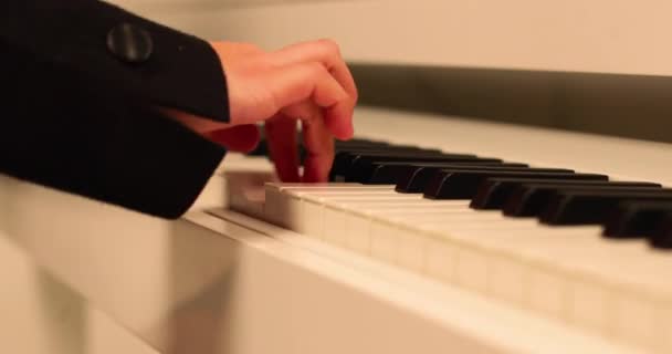弹钢琴 一个丰满的钢琴家的手 这双手用手指触摸钥匙 近点4K — 图库视频影像