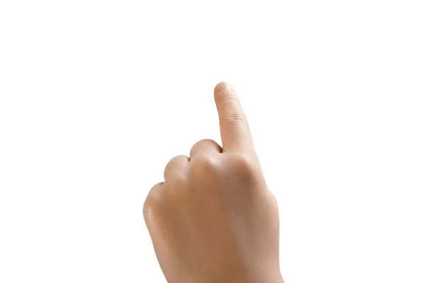 Fechar Mão Esquerda Uma Criança Tocando Gravando Algo Apontando Dedo — Fotografia de Stock