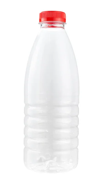 Een Liter Plastic Fles Met Rode Deksel Voor Zuivelproducten Geïsoleerd — Stockfoto