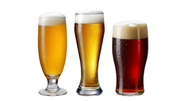 Varietà Birra Tre Birre Diversi Bicchieri Isolati Sfondo Bianco Percorso — Foto Stock