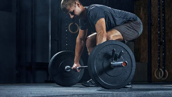 Man Prepare Lifting Barbell Gym Copy Free Space — Stock Photo, Image