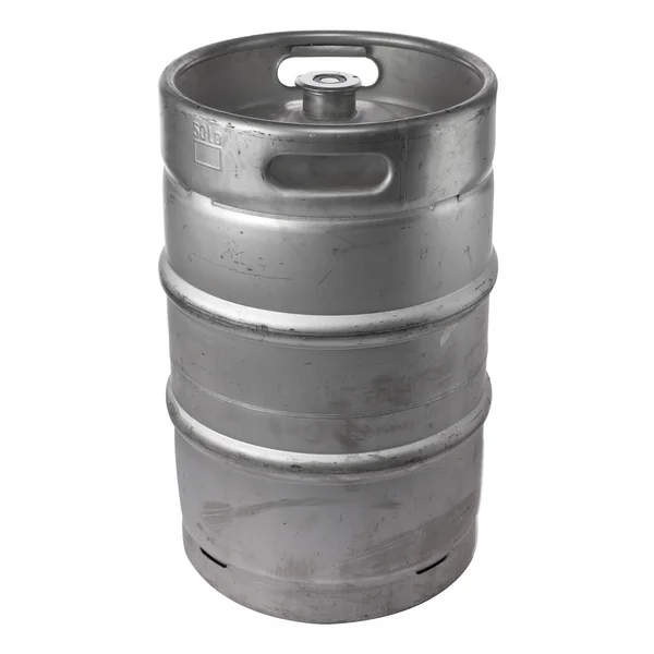 Metal Beer Keg Side View Isolated White Real Scratched Metal — Stock Photo, Image