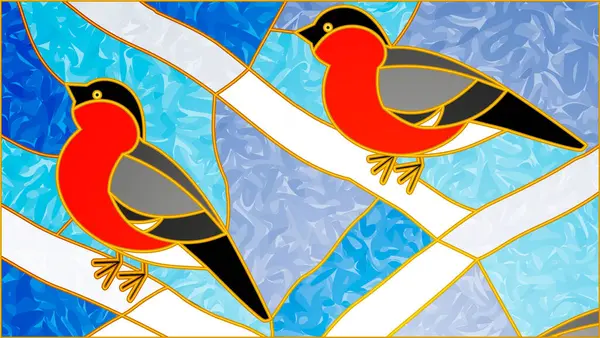 stock vector Stained glass Window. Tiffany stained Glass.Vector composition of Red bullfinches on a snowy white branches. Winter birds. For ArchiCAD, interiors. Leaded pane.