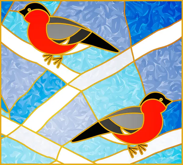 stock vector Stained glass Window. Tiffany stained Glass.Vector composition of Red bullfinches on a snowy white branches. Winter birds. For ArchiCAD, interiors. Leaded pane.