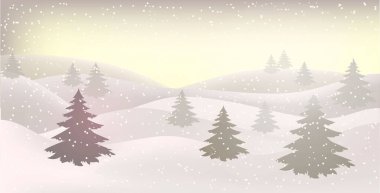 Kış manzarası. Noel kartı. Mutlu yıllar kartı. Kar yığınlarıyla dolu bir Noel kışı manzarası. Üç boyutlu gerçekçi kar arkaplanı. Tepelik arka planda kar yağışı var. Noel Vektörü illüstrasyonu EPS10