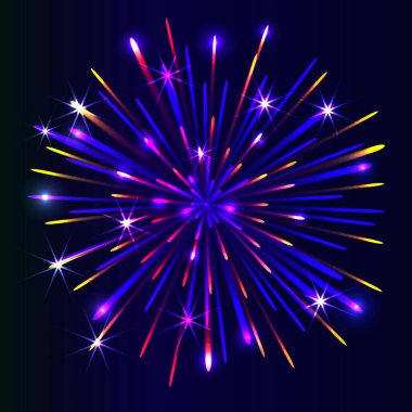 Vektör karanlık bir arkaplanda havai fişekleri izole etti. Divali festivali. Yeni yıl selamı. 4 Temmuz Selamlaması. Parlak efektler. Parlak elementler ve bg için yıldızlar. Tatil havai fişeği. 