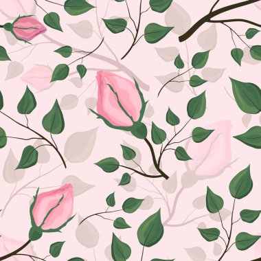 Çiçekli, gri güller, mavi, pürüzsüz desenler. Dalların gül tomurcuklarıyla kusursuz vektör deseni. Tomurcuklu gül dallarının kusursuz vektör deseni. Tomurcuklu güller. Gül goncaları. 