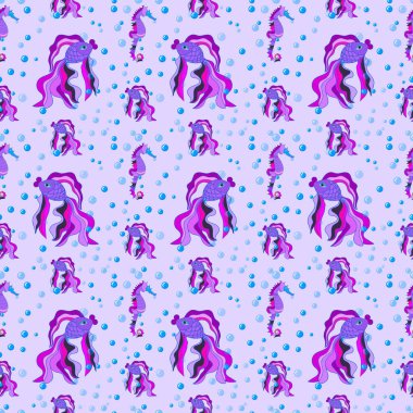 Japon balıklarıyla, denizatlarıyla kusursuz bir desen. Su altı dünyası. Vektörsüz desen.