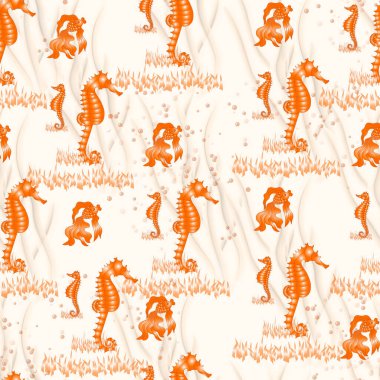 Japon balıklarıyla, denizatlarıyla kusursuz bir desen. Su altı dünyası. Vektörsüz desen.