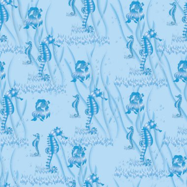 Japon balıklarıyla, denizatlarıyla kusursuz bir desen. Su altı dünyası. Vektörsüz desen.