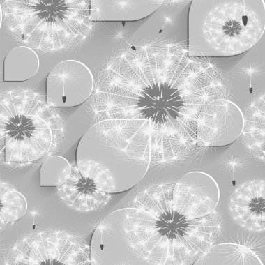 Kusursuz desen. Karahindiba tohumları. Yumuşak beyaz karahindiba. Tohumlar, karahindiba şemsiyeleri. Karahindiba gri arka planda bırakır. Karahindiba yapraklarının beyaz siluetleri. Gri arka plan. Vektör. Vektörsüz desen.