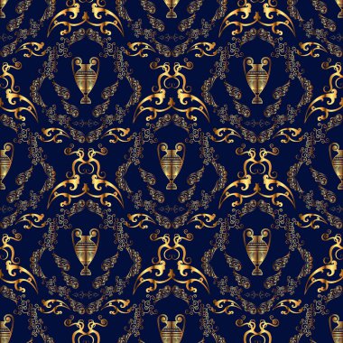 Sürahi, sürahi, amforo ve çiçek motifleriyle kusursuz renk deseni. Kumaşlar, duvar kâğıtları, iç mekan ve duvar kaplamaları için zarif, pürüzsüz bir arka plan. Koyu mavi ve kahverengi arka planda antik ortaçağ Yunan vazosunun resmi.