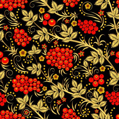 Rowanberry seamless pattern in traditional russian style. Seamless pattern background with rowanberry for fabrics, wallpaper, interior, wall-coverings. Vector seamless pattern in traditional Russian khokhloma style.  clipart