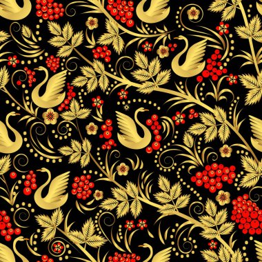 Vector seamless pattern in traditional Russian khokhloma style. Seamless pattern background with swans and Rowanberry for fabrics, wallpaper, interior, wall-coverings. clipart