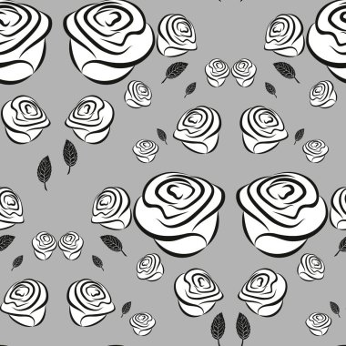 Çiçekli, gri güller, mavi, pürüzsüz desenler. Dalların gül tomurcuklarıyla kusursuz vektör deseni. Tomurcuklu gül dallarının kusursuz vektör deseni. Tomurcuklu güller. Gül goncaları. 