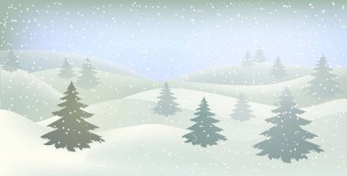 Kış manzarası. Noel kartı. Mutlu yıllar kartı. Kar yığınlarıyla dolu bir Noel kışı manzarası. Üç boyutlu gerçekçi kar arkaplanı. Tepelik arka planda kar yağışı var. Noel illüstrasyonu