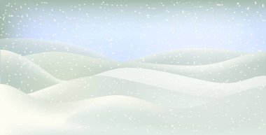 Kış manzarası. Noel kartı. Mutlu yıllar kartı. Kar yığınlarıyla dolu bir Noel kışı manzarası. Üç boyutlu gerçekçi kar arkaplanı. Tepelik arka planda kar yağışı var. Noel illüstrasyonu