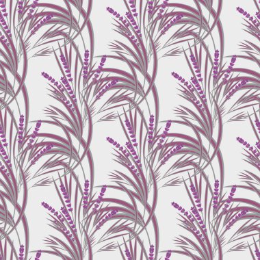 Lavanta çiçekleri ve yaprakların kusursuz deseni. Tekstil, kumaş ve duvar kaplamaları için kusursuz çiçek desenleri. Lavanta tarlası. Yaz çiçeklerinin kusursuz deseni, kumaşlar, duvar kağıtları ve iç döşemeler için yapraklar. Gri arkaplanda narin renkler