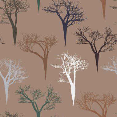Renkli gri ağaç siluetleriyle kusursuz desenli koyu bej arka planda yapraksız. Siyah bir arka planda yaprakları olmayan ağaç siluetleri. Kış ormanlarında çıplak ağaçlar. Soyut orman. Çıplak dallar.