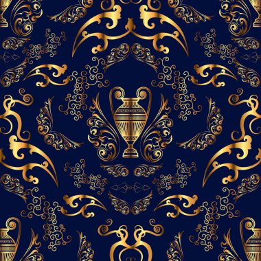 Sürahi, sürahi, amforo ve çiçek motifleriyle kusursuz renk deseni. Kumaşlar, duvar kağıtları, iç mekan ve duvar kaplamaları için zarif, pürüzsüz bir arka plan. Koyu mavi ve kahverengi arka planda antik ortaçağ Yunan vazosunun resmi.