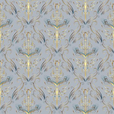 Kusursuz desenli bg. Altın elementli duvar kağıdı. Klasik eski süs, kraliyet Victoria dönemi duvar kağıtları, tekstil, ambalaj için kusursuz doku. Zarif çiçekli barok şablonu.