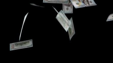 Kredi Finansal Yağmuru. Döngü. Büyük miktarlarda banknotlar yavaş yavaş siyah arkaplan üzerine düşüyor