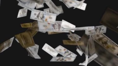 Döngü. Siyah arka planda yavaş yavaş düşen 100 dolarlık parasal değerler