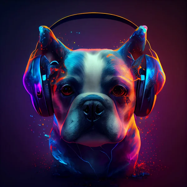Vtipný Pes Nosí Velké Retro Sluchátka Neonovými Barvami Stock Obrázky